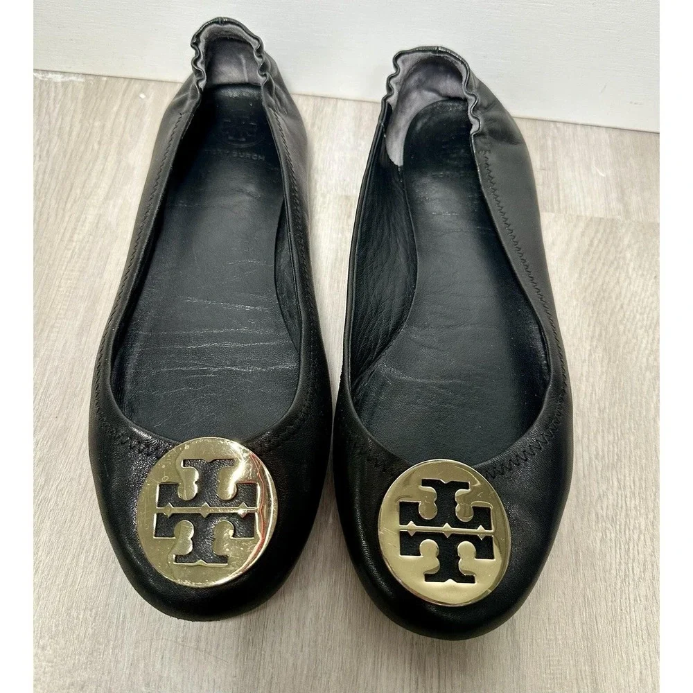 Tory Burch Black Leather Ballet Flats Gold Logo Women Size 8.5